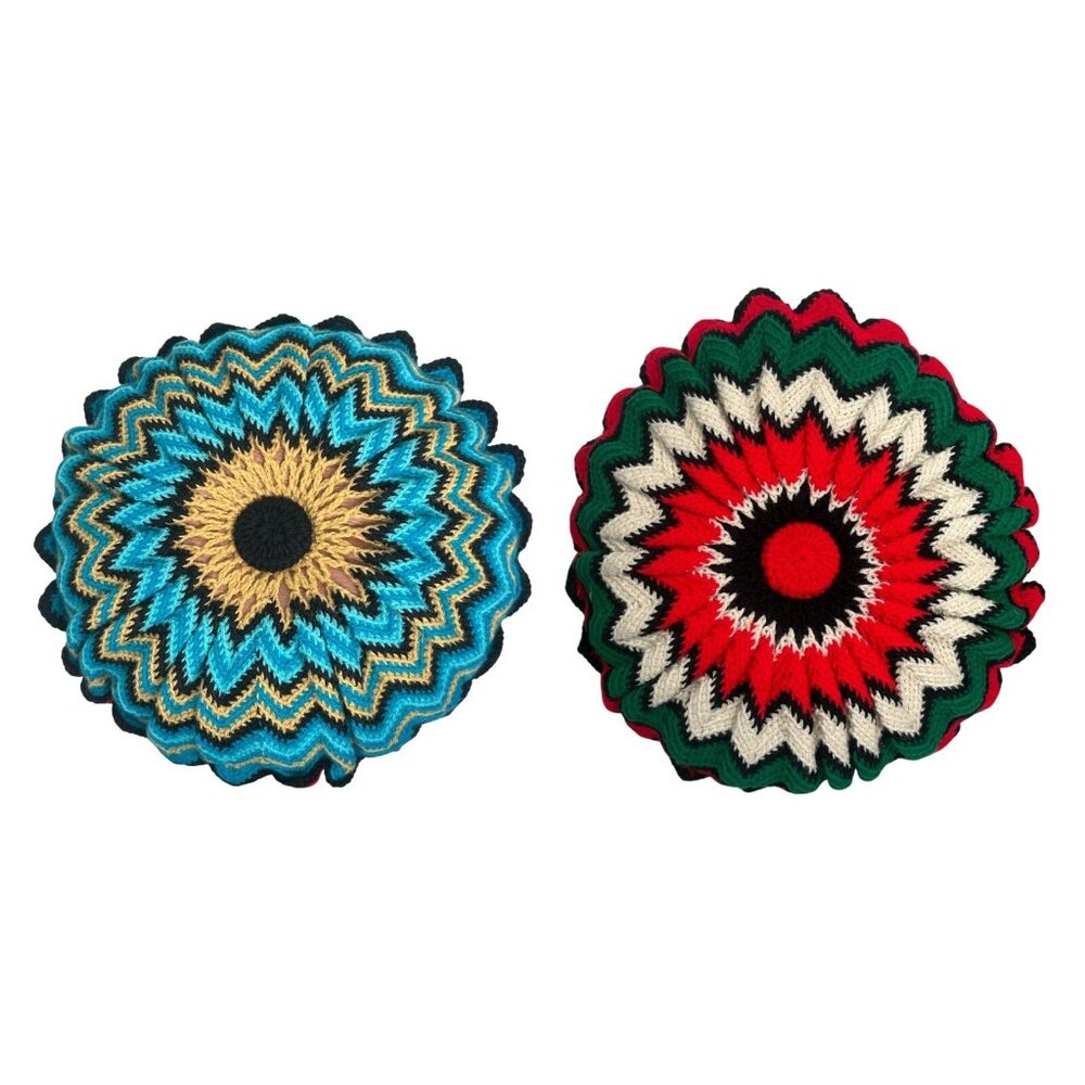 Vintage 70s Round Pillow Hand Crochet Double Sided Pillow 16" (One pillow only)